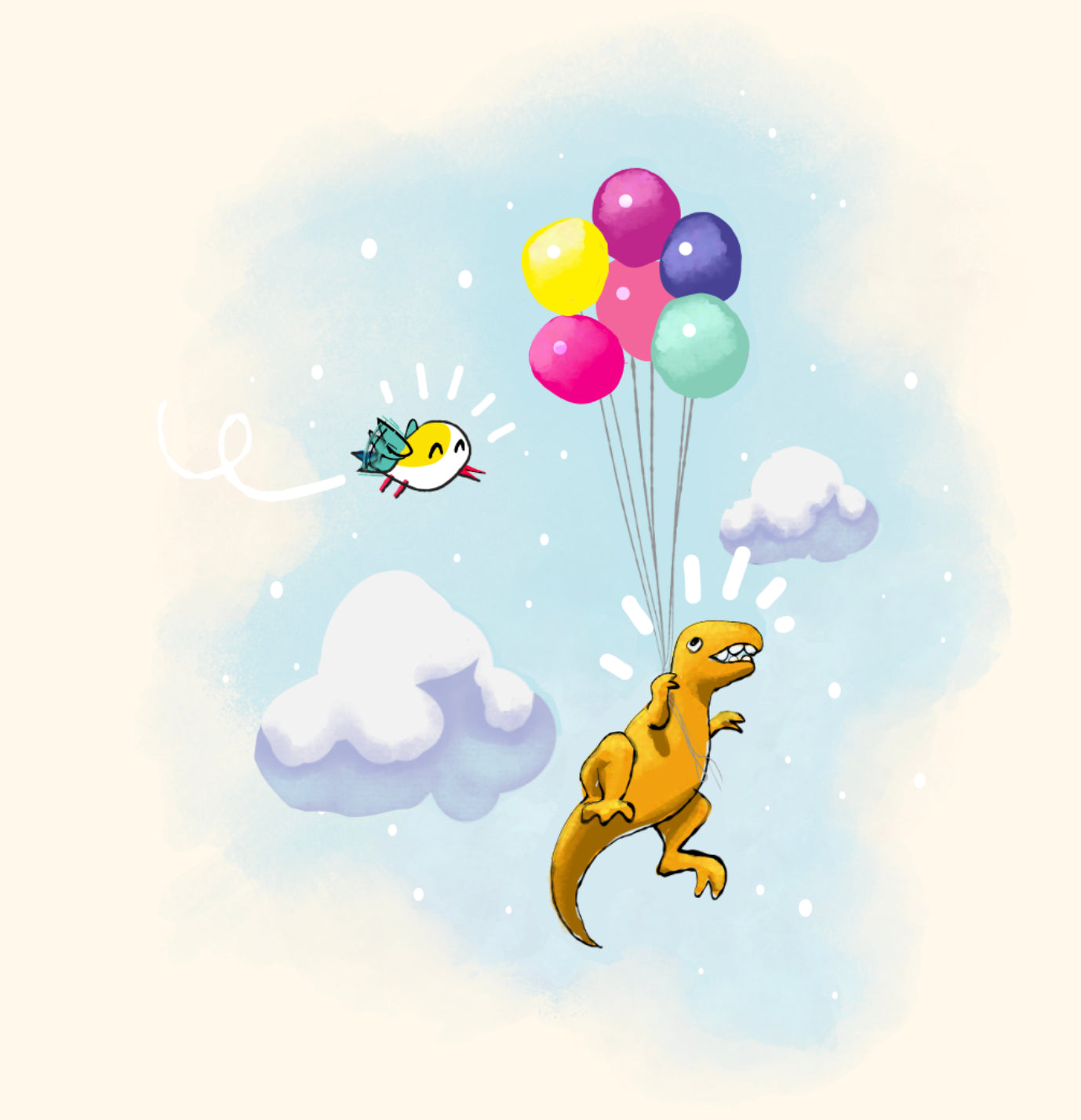 An adorable T-Rex holds a mass of colorful balloons that lift him high into the sky, where among the clouds he is greeted by the delighted Rarebird mascot