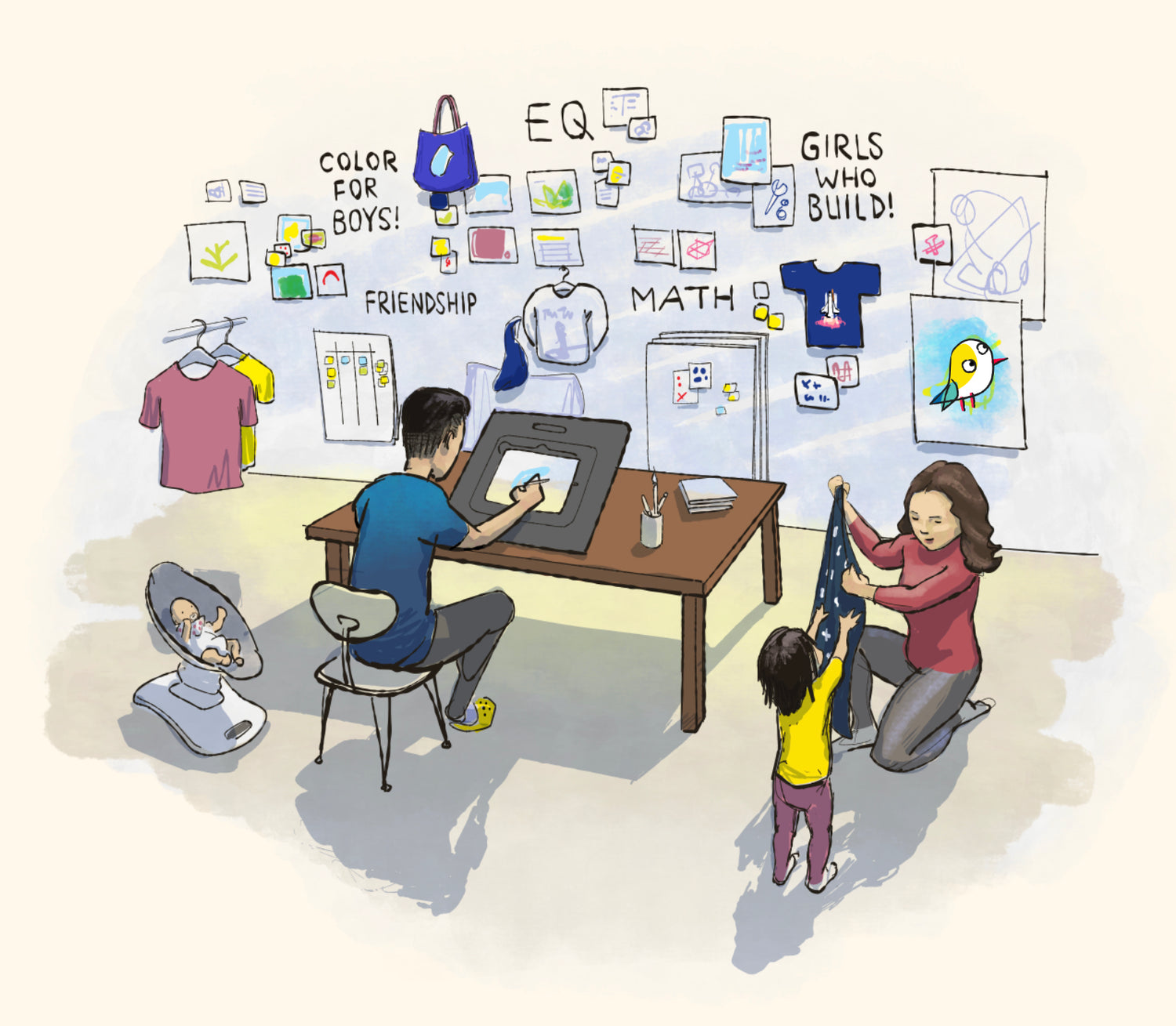 The founders of Rarebird Kids Co. working hard to design unique gifts and clothes for toddlers and kids: empowering shirts, creative accessories, fun merch