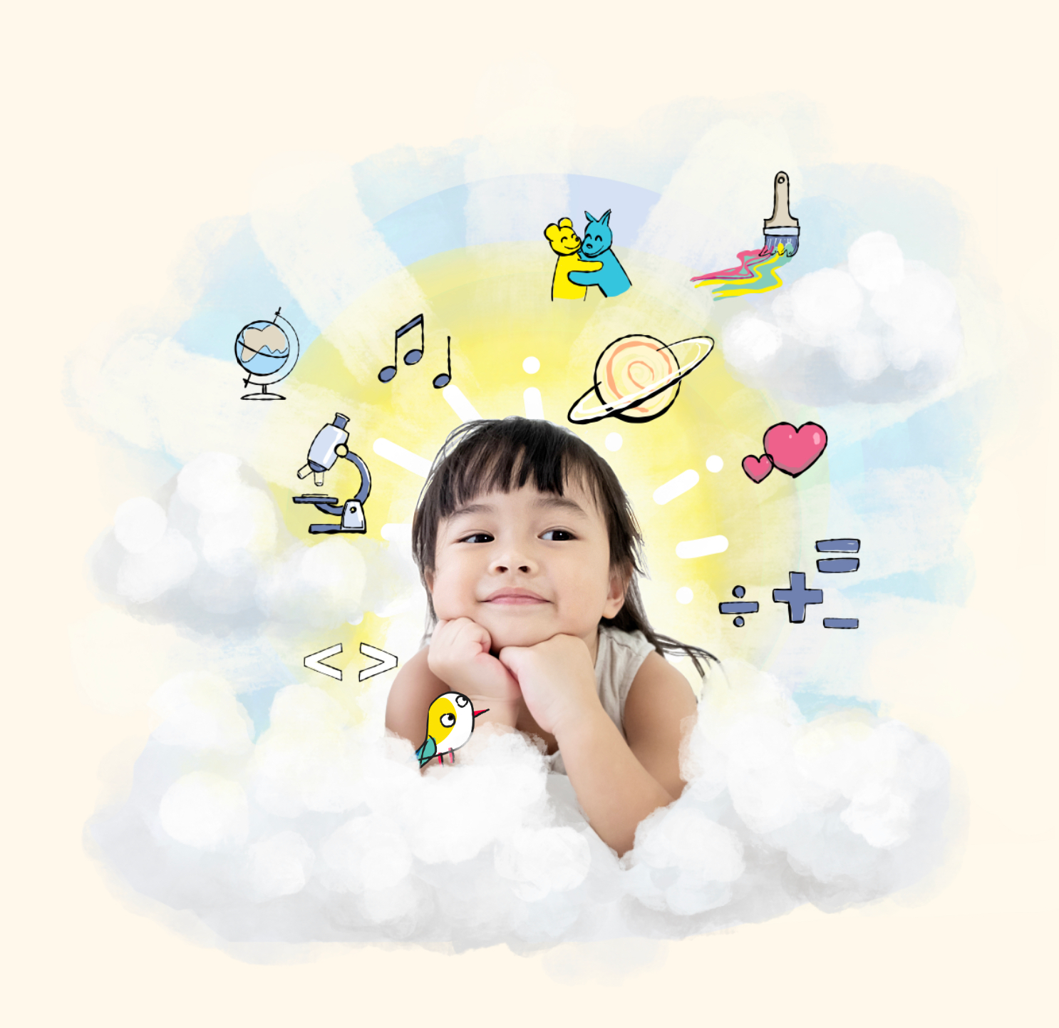 A bright little girl, whose parents surrounded her with STEM and meaningful ideas, blue-sky daydreams about math, friendship, music, art, science, and fun