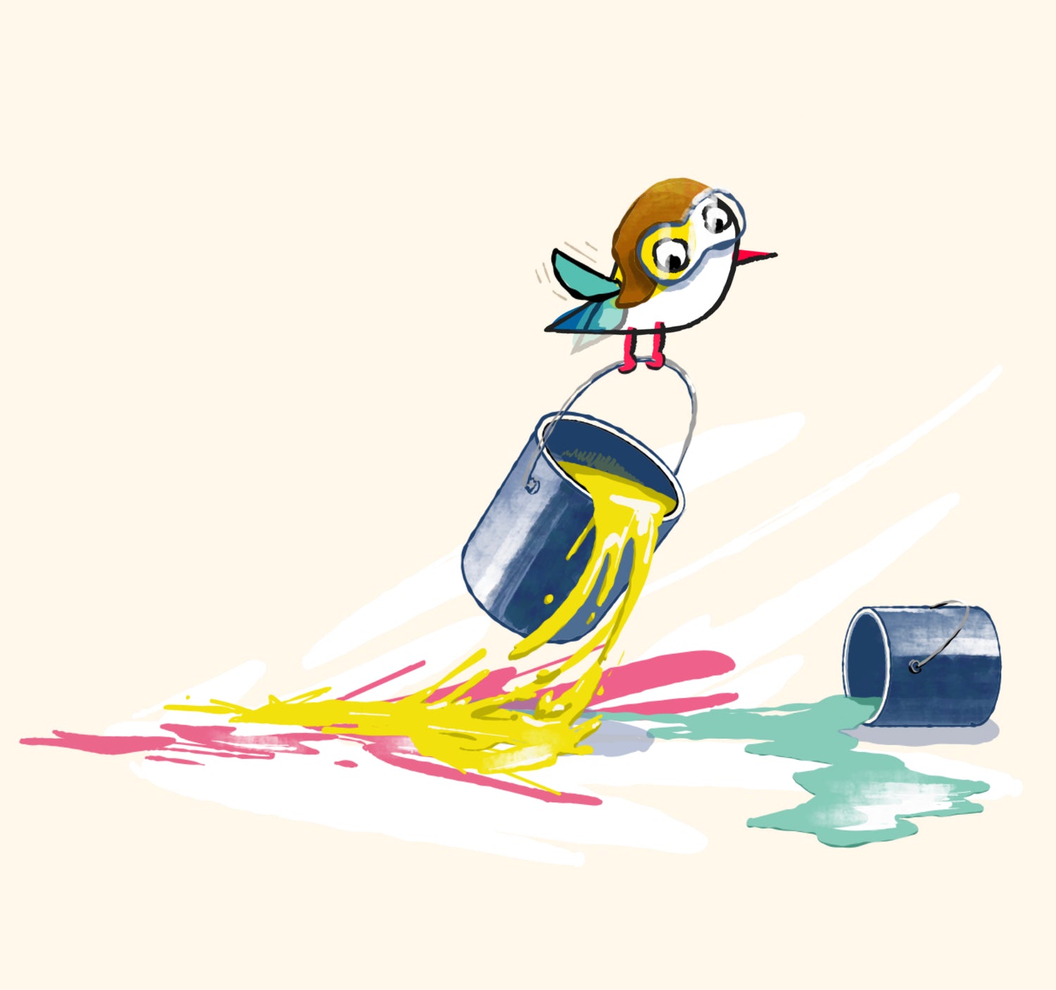 The Rarebird Kids Co. mascot splashes vibrant paint colors together to create smart, unique artwork for kids' gifts, clothes, and accessories