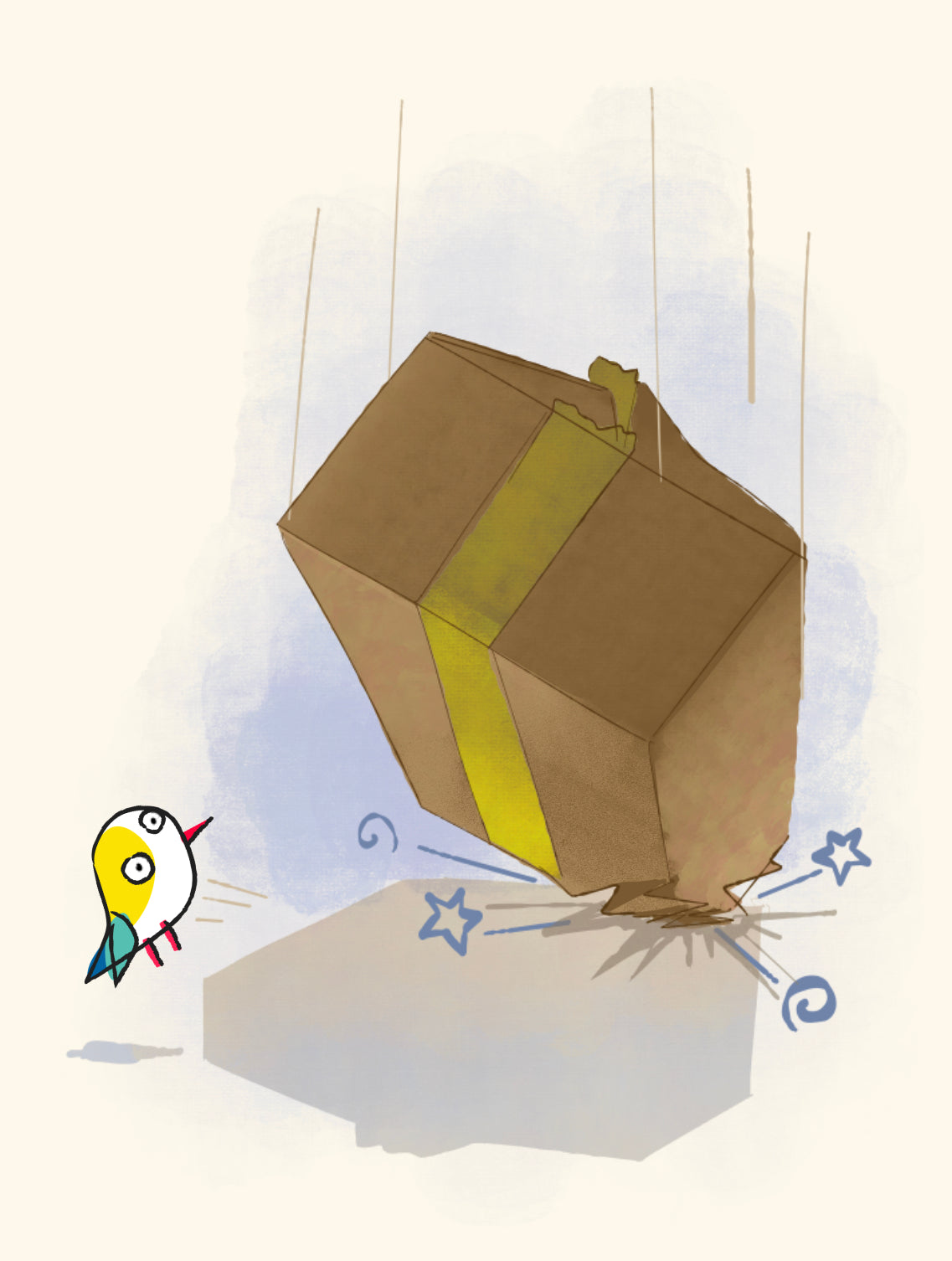 A large brown box crashes on the ground, startling the Rarebird