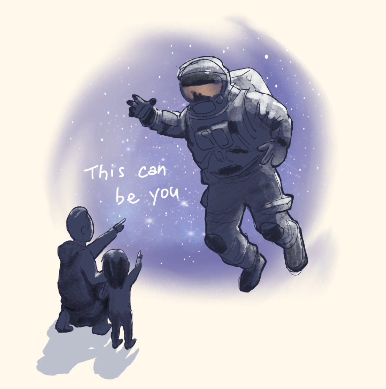 A father kneels next to his curious daughter and points up at an astronaut in space. He tells his child, "this can be you"