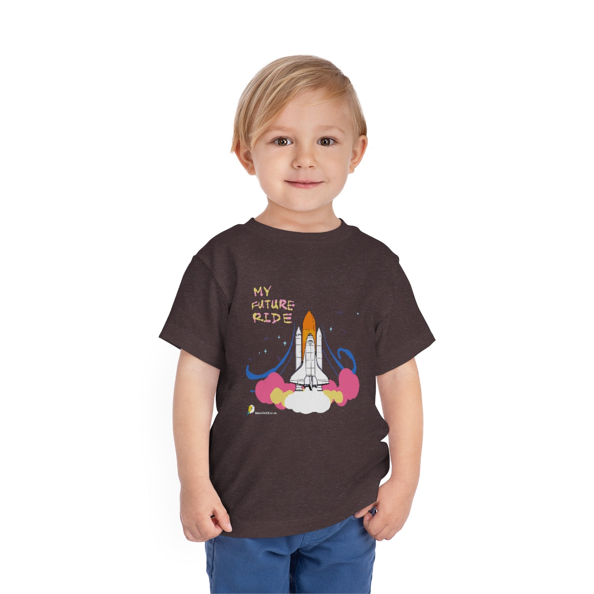 A child wearing the My Future Ride space shuttle toddler t-shirt in Heather Maroon
