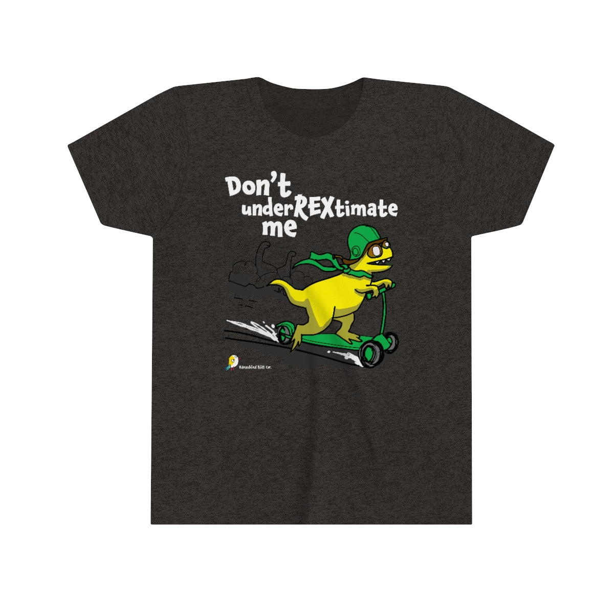 Dark grey kids graphic t-shirt of a confident T-Rex riding a scooter and a powerful message about not being underestimated