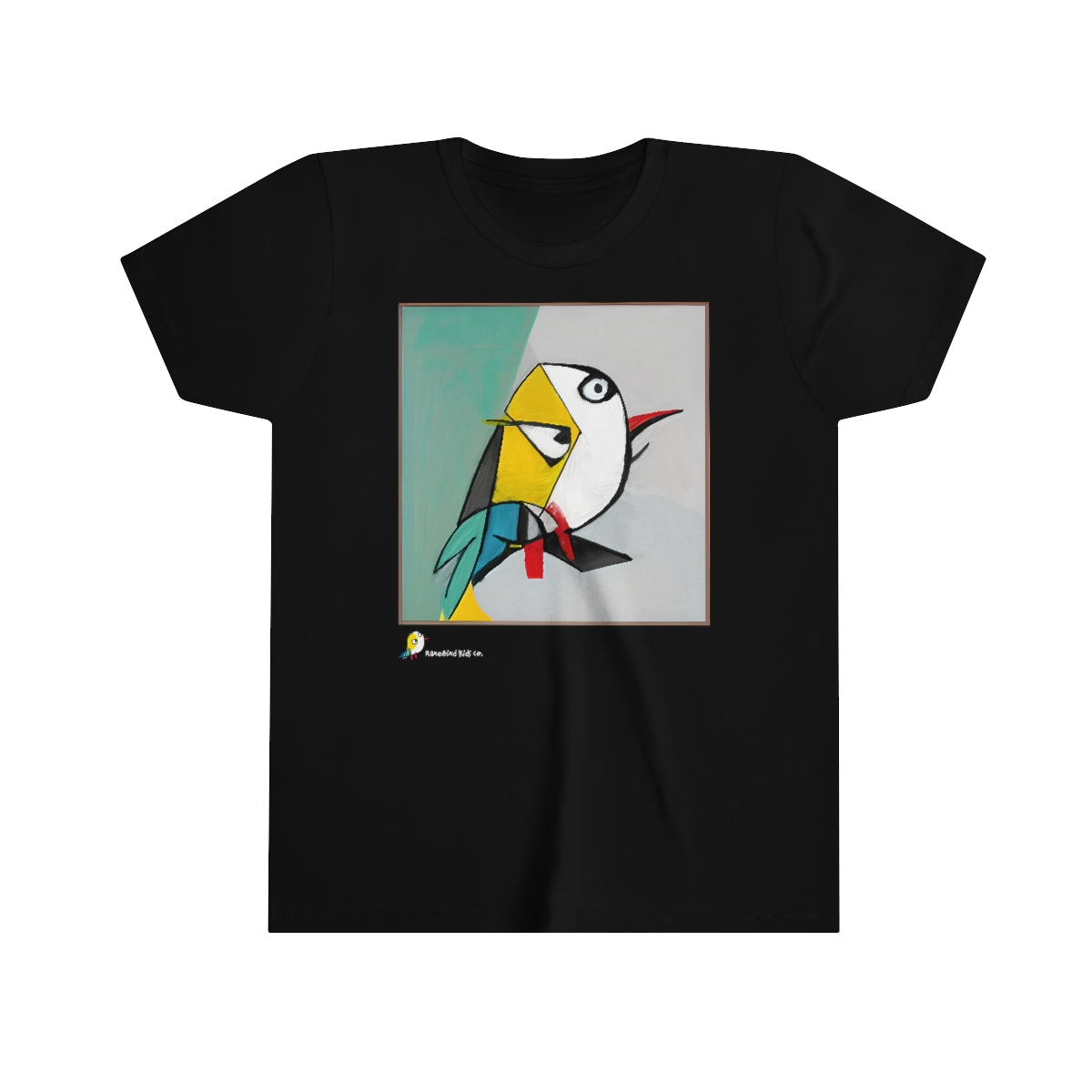 Artistic t-shirt in black, great gift for art lover creative kids, featuring the Rarebird mascot drawn in Cubist style
