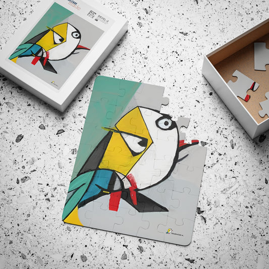Adorable kid-friendly puzzle, creative gift inspiring a love for the arts, featuring the Rarebird mascot drawn in unique Cubist style