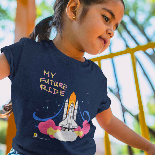 Girls wearing navy colored t-shirt of a space shuttle launch, with the words "My Future Ride", inspiring kids to dream big and reach for the stars