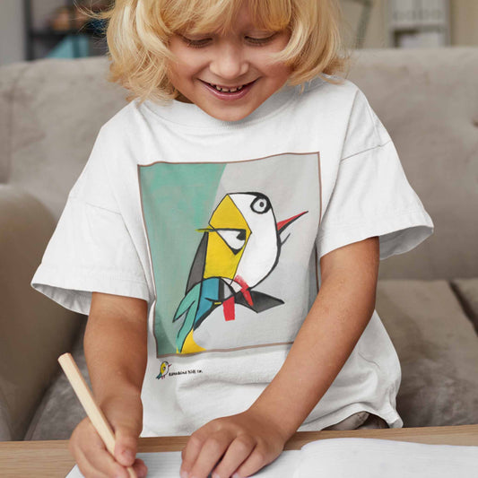 Artistic child wears a white t-shirt with a cubist painting of the Rarebird Kids Co. mascot, the perfect shirt for art lover creative kids