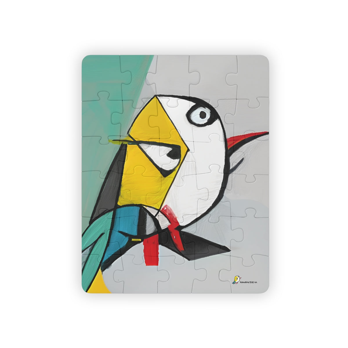 Adorable kid-friendly puzzle, creative gift inspiring a love for the arts, featuring the Rarebird mascot drawn in unique Cubist style