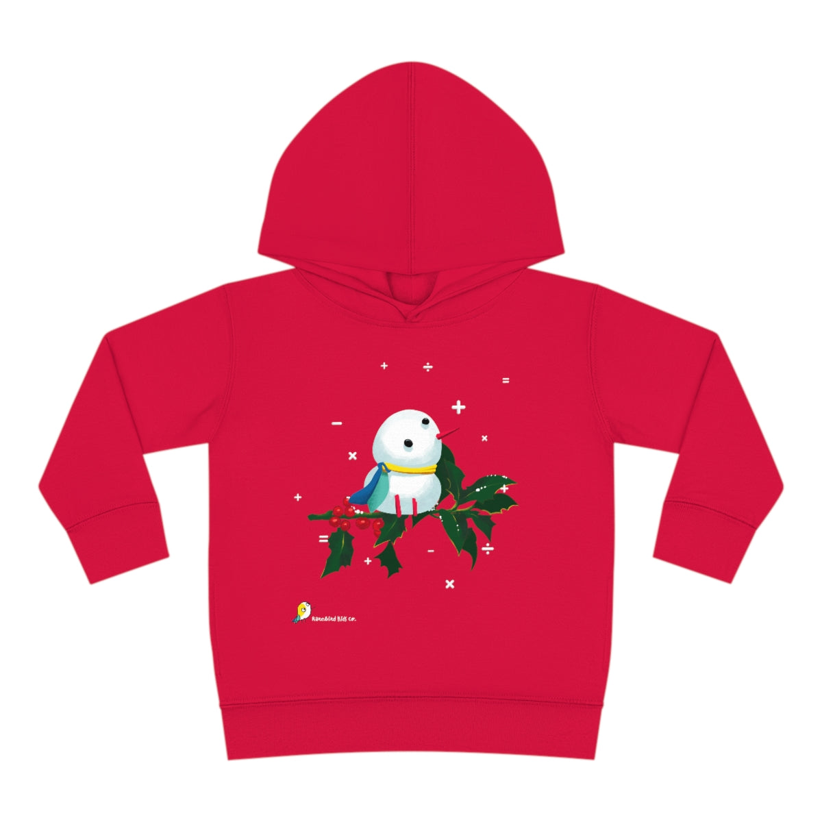 Cute kids Christmas holiday hooded sweater in red, featuring adorable Rarebird mascot snowman perched on mistletoe with math symbol snowflakes in the background