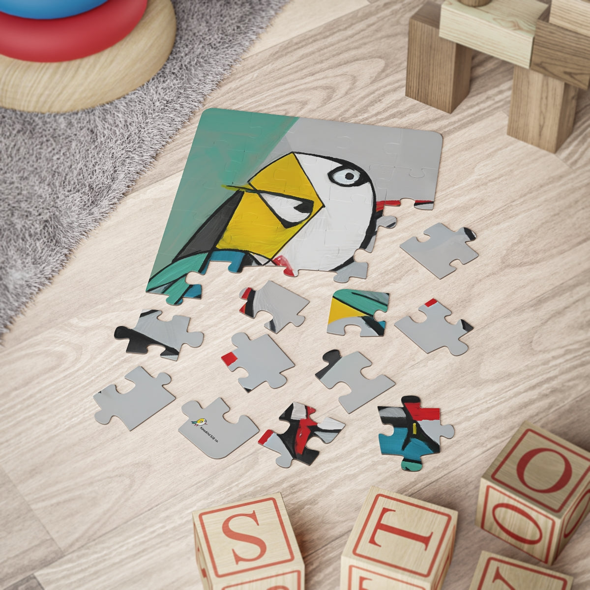 Adorable kid-friendly puzzle, creative gift inspiring a love for the arts, featuring the Rarebird mascot drawn in unique Cubist style