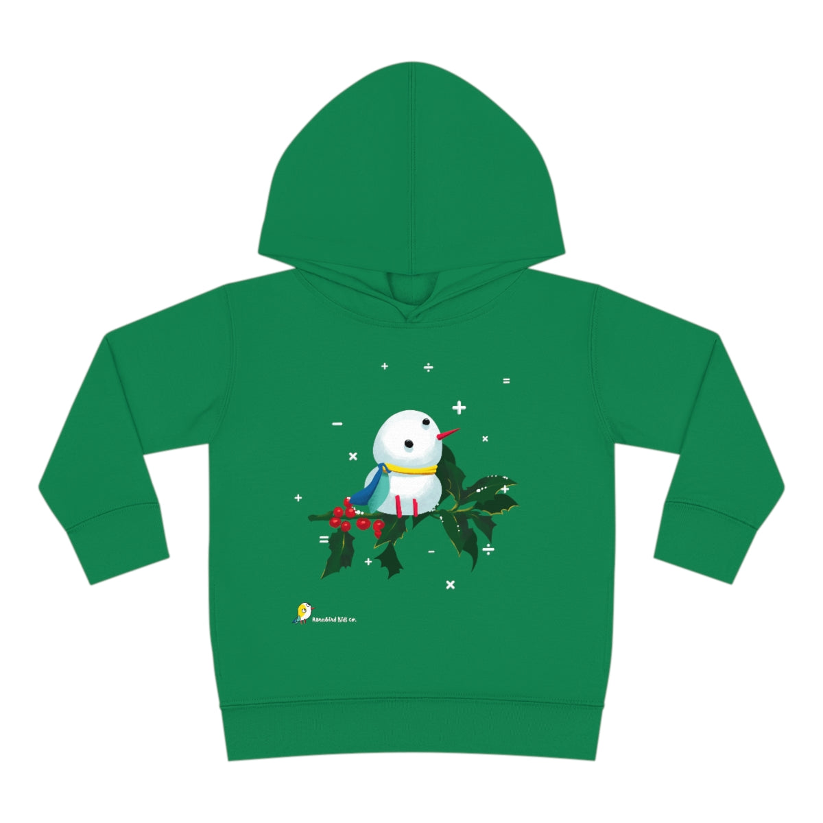 Cute kids Christmas holiday hooded sweater in green, featuring adorable Rarebird mascot snowman perched on mistletoe with math symbol snowflakes in the background